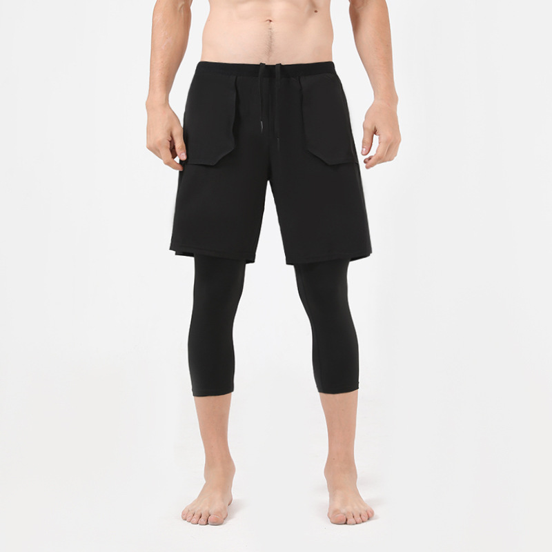 Pantalons de sport double couche Faux pantalons deux pièces pour hommes Running Pocket Pantalons de fitness Collants de basket-ball deux-en-un à séchage rapide