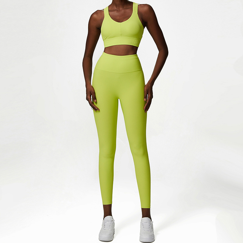 Ensembles de yoga pour femmes 2 pièces dos croisés hauts d'entraînement personnalisé sans couture taille haute surdimensionné logo côtelé impression gym personnalisé de haute qualité en gros leggings